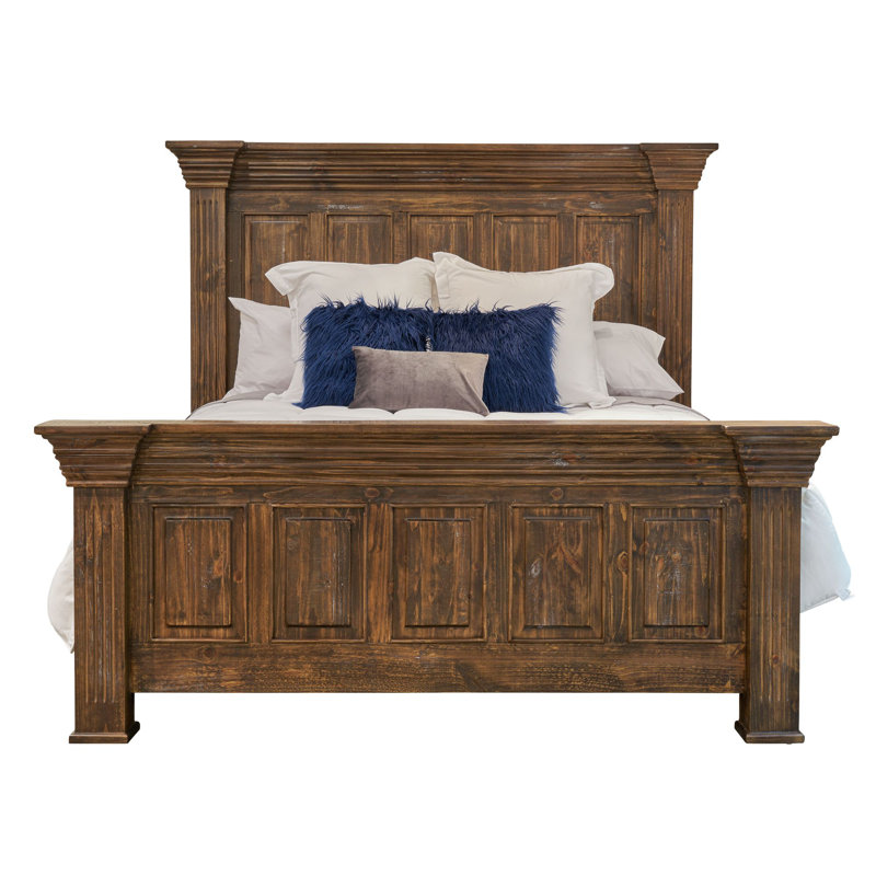 Rustic Brown Pine Wood Queen Bed with Headboard