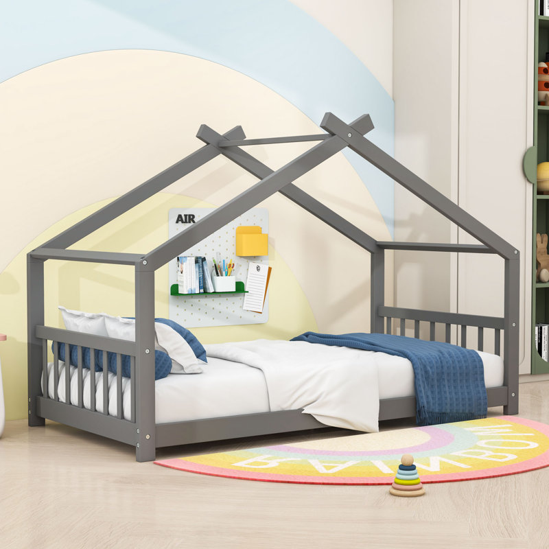 Lit de maison en bois avec toit, maisonnette semi-fermée, Simple, Gris