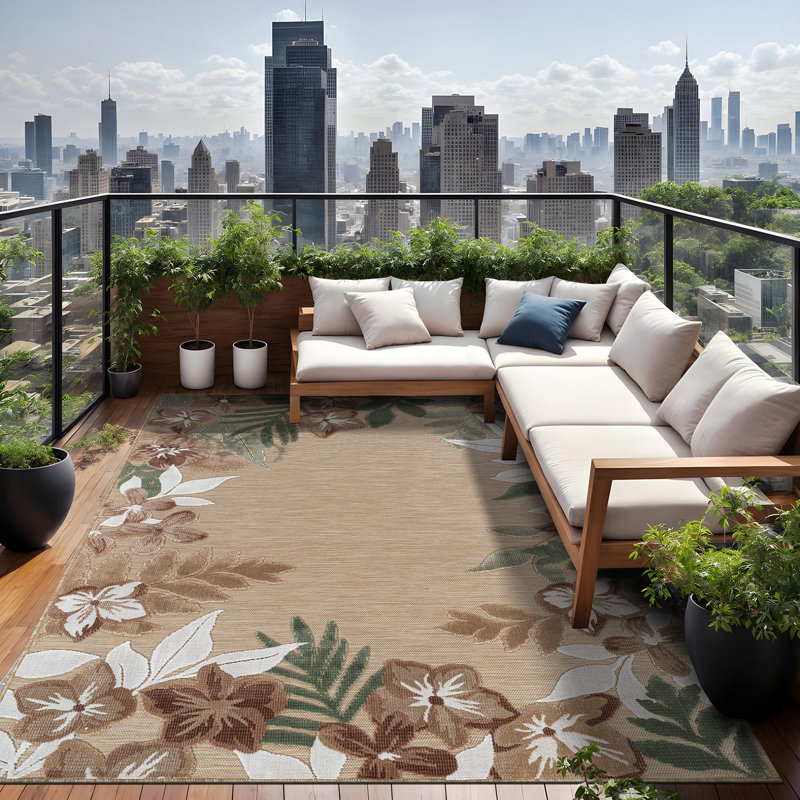 Tapis floral d'intérieur pour l'extérieur, Beige, Rectangle 6' x 9'