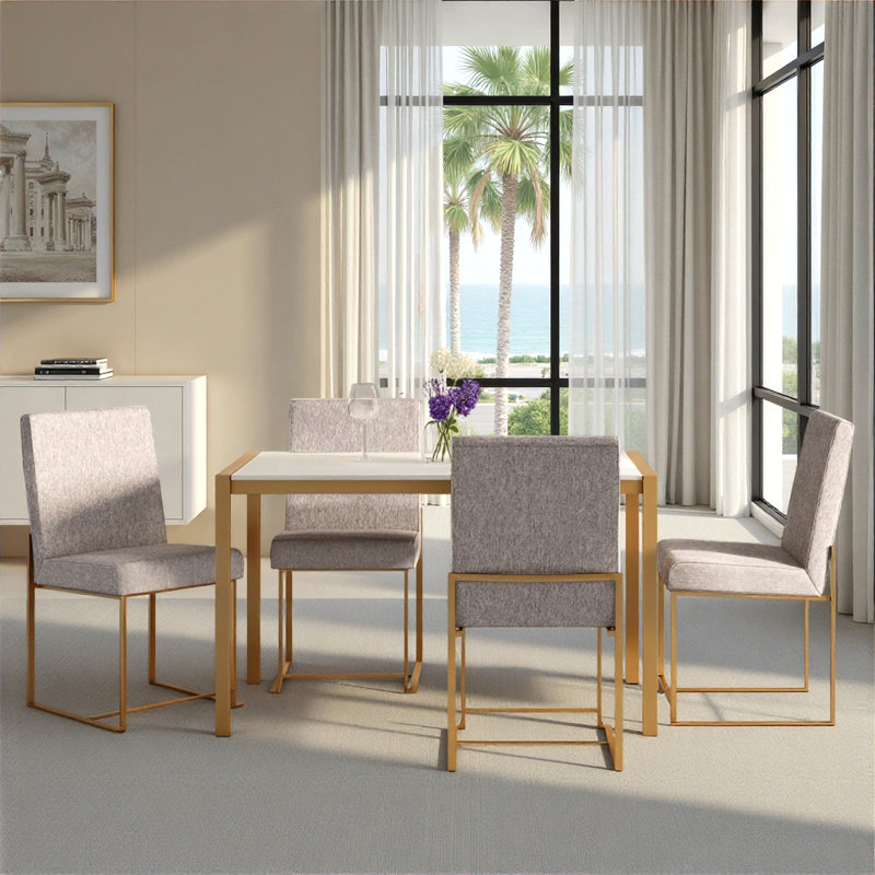 Ernestine 19.25'' H Upholstered Metal Side Chair, Gold, Beige Fabric