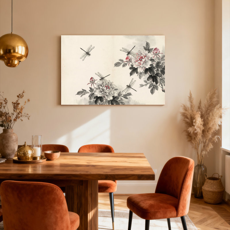 Ensemble de 1 tableau mural sur toile tendue, style encre de Chine, représentant une pivoine et une libellule (pivoine et libellule).