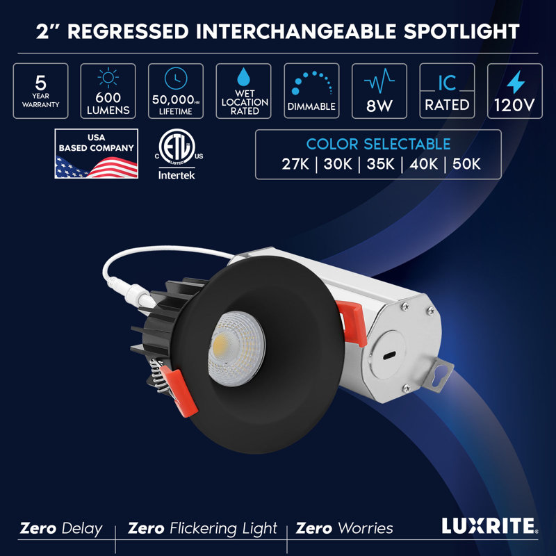 Projecteur encastré 2 pouces DEL avec garniture interchangeable LUXRITE, J-Box, 8 W, 600LM, 5CCT, faisceau 60 °, à intensité variable, Twist N’ Lock, CRI 90, noir, paquet de 4