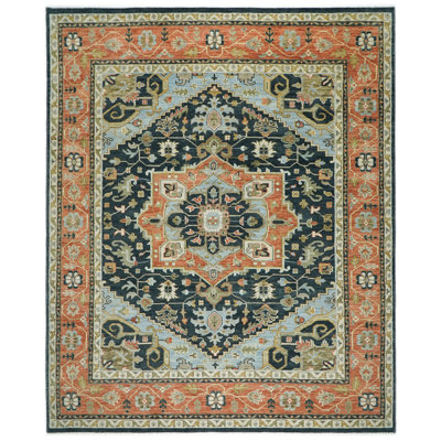 Tapis bleu en laine noué à la main 12 pi 3 po x 15 pi 2 po