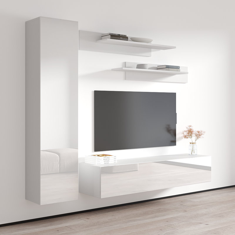 Violette 85" Modern Floating Wall Mounted Entertainment Center with 16-Color LED Lighting, High Gloss Finish, White