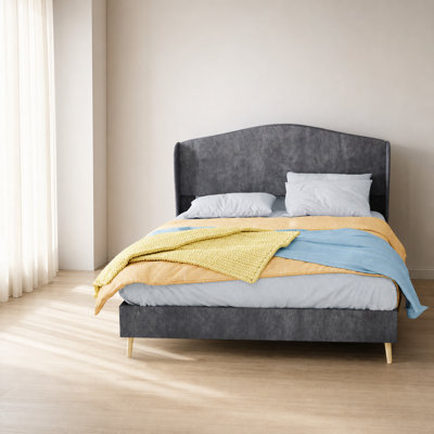 Upholstered Bed Frame with Soft Velvet Fabric and Thick Padded Headboard, Noise-Free Durable Construction with Sturdy Mattress Support