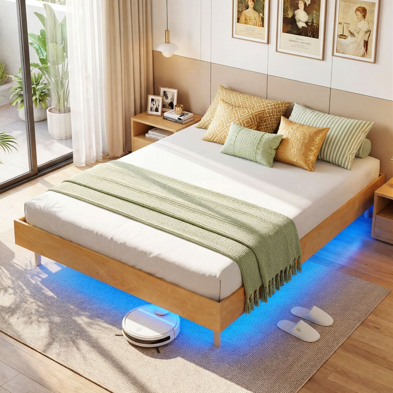 Cadre de lit flottant pour grand lit avec lumières DEL, lit plateforme moderne en bois de 12 pouces, Queen