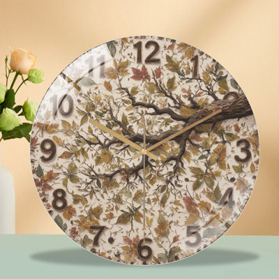 12-Inch Silent Tempered Glass Wall Clock, " Autumnleaves  Branch Design ” Silent Non-Ticking Clock, Battery Operated (AA Batteries Not Included), Artistic Home Decor