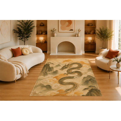 Tapis « Ultra Léger » 152 x 213 cm (5' x 7') à motif de dragon volant, idéal pour le salon. Tapis d'intérieur doux à poils courts avec envers antidérapant en silicone, tapis décoratif pour chambre, salle à manger, bureau, beige.