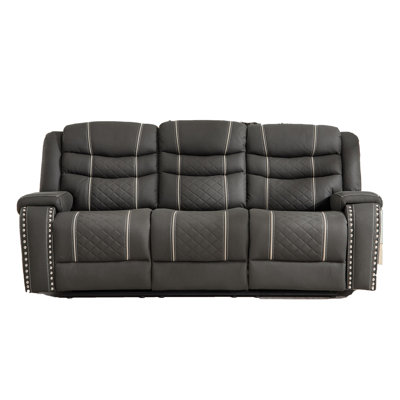 Seat Manual Recliners Sofa, Black Microfiber with Nailhead Trim for Living Room