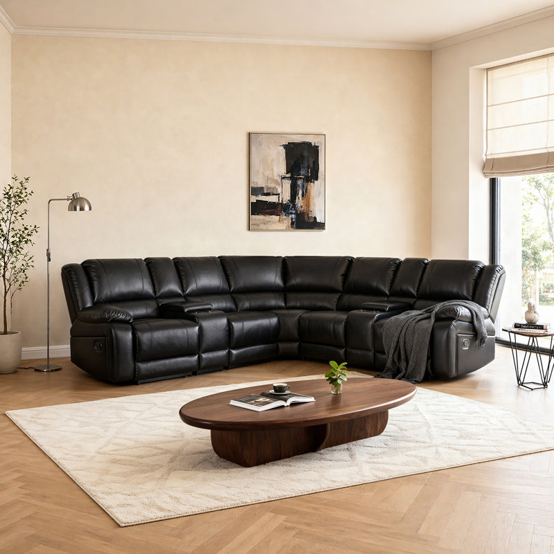 109'' Faux Leather Modular Manual Reclining Sectional with 2 Consoles for Livingroom, Black