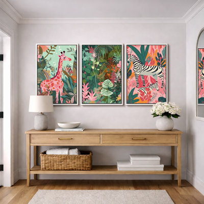 «Bright Preppy Animals» Dreamy Safari, rose, vert, animal, œuvre d'art