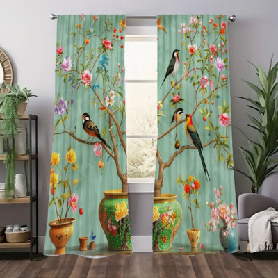 2Pcs Chinoiserie Floral & Bird Print Curtains, Elegant Chinese Style  Light Filtering Curtain For living bedroom Window Drapes, Rod Pocket Decoration