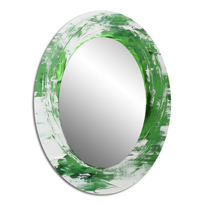 Collage en spirale abstrait vert et blanc I - Grand miroir mural ovale sur métal