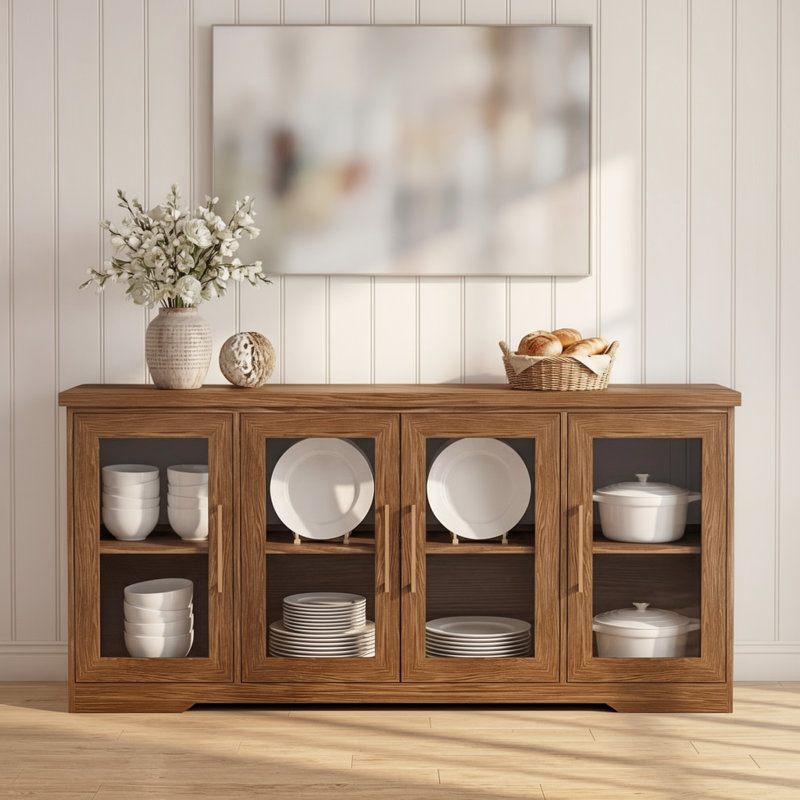 66" W Modern Sideboard with Glass Doors and Adjustable Shelves, Brown
