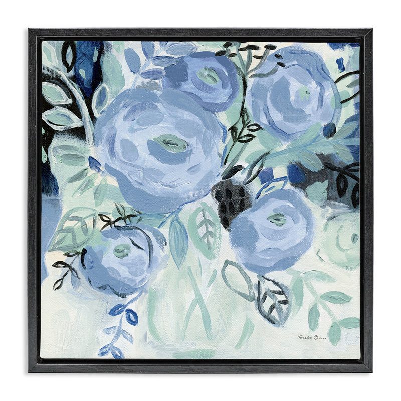 "Blue Coastal Blooms", art mural sur toile flottante par Farida Zaman, Cadre flottant noir de jais, H 18 po x l 18 po
