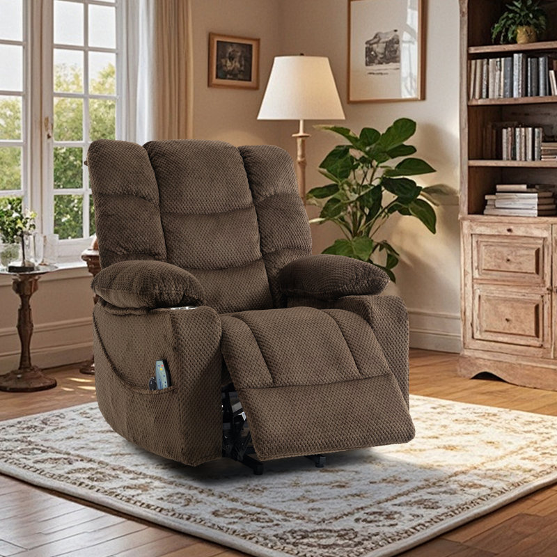 Chira Power Lift Recliner Chair for Elderly, Brown Velvet with Massage & Heat, Overstuffed Reclining Sofa with Cup Holders & Side Pocket