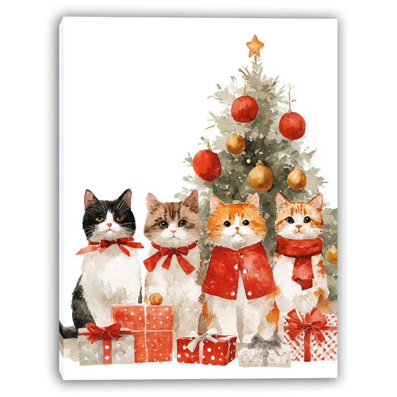 «Christmas Cats and Tree Holiday», art mural sur toile tendue, H 36 po x l 24 po