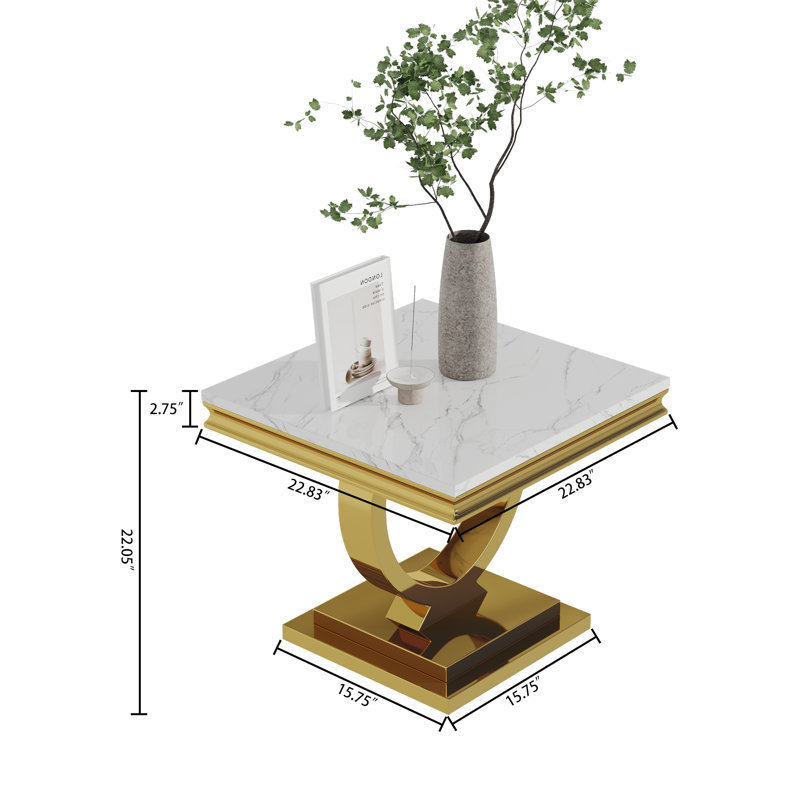 Traeshaun Faux Marble Top Metal Base End Table, Gold, White