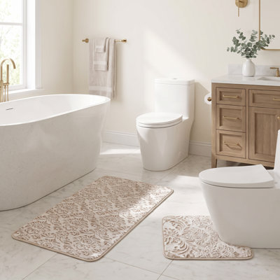 Ensemble de tapis de salle de bain à motif floral, tapis de bain et de toilette 2 pièces, tapis antidérapant doux et absorbant crème, tapis de bain lavable à la machine et tapis de toilette contour, 39,5 po x 23,5 po + 20 po x 23,5 po