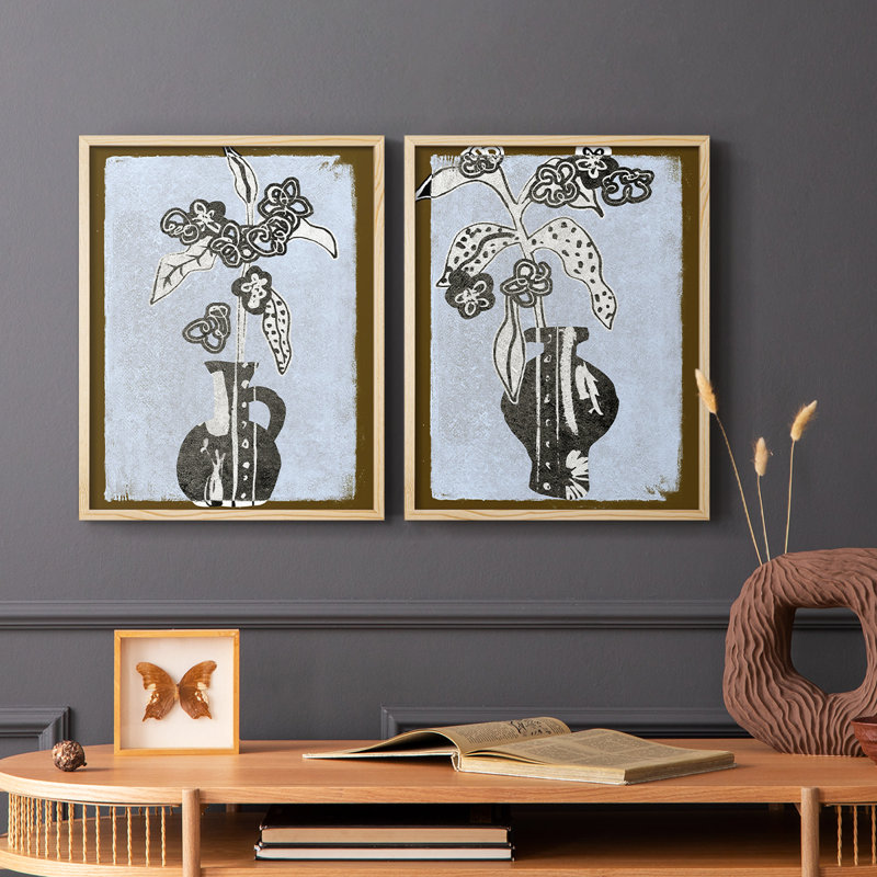 Fleurs graphiques dans un vase I - reproduction encadrée de qualité supérieure - prête à être accrochée - aucun clou requis - aucun clou requis