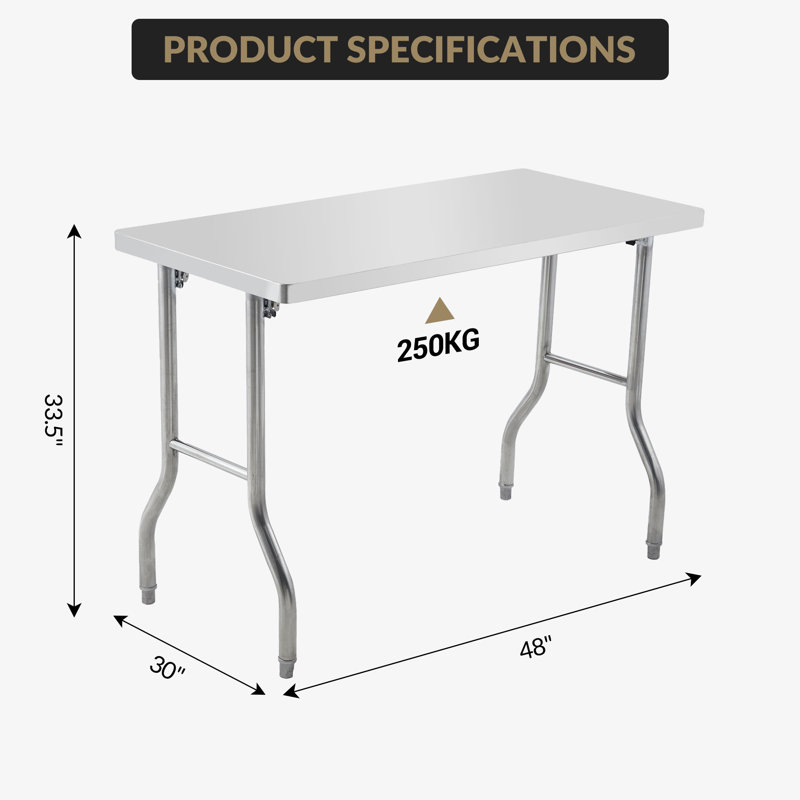 Table de travail pliante robuste en acier inoxydable commerciale - Station de préparation de 48 x 30 x 33,5 pouces avec pieds courbés, coins arqués et pieds réglables - 550 lb - pour la cuisine, le garage et l’atelier