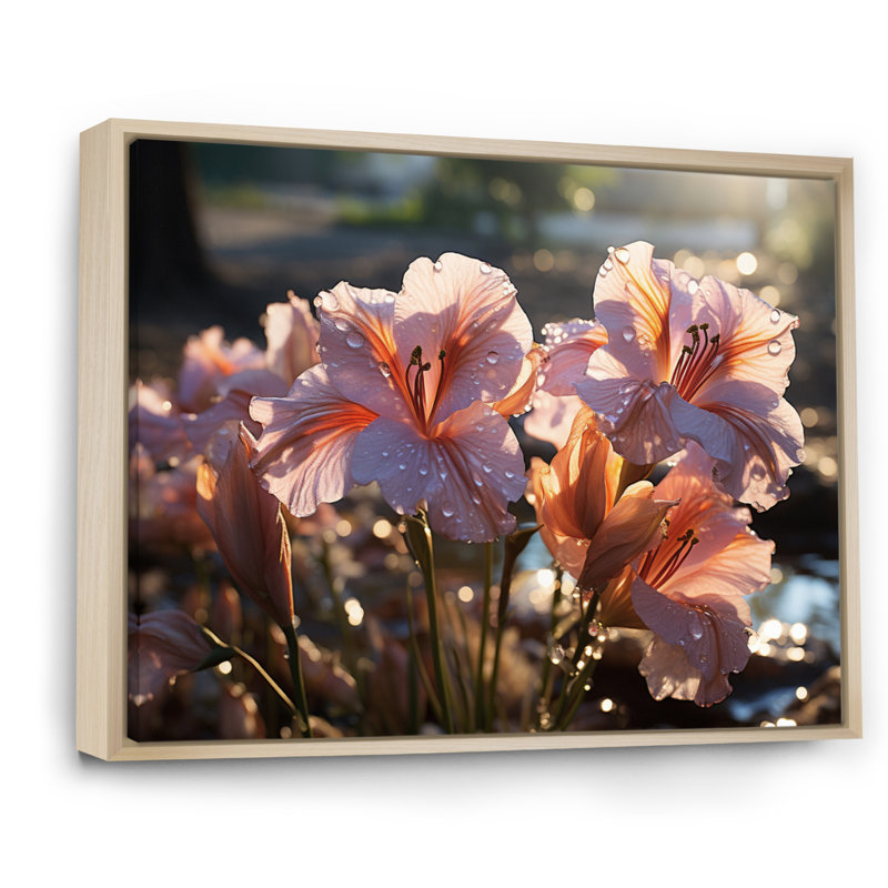 Pink Irises Field III, 16" H x 32" W x 1" D, Natural Floater Framed