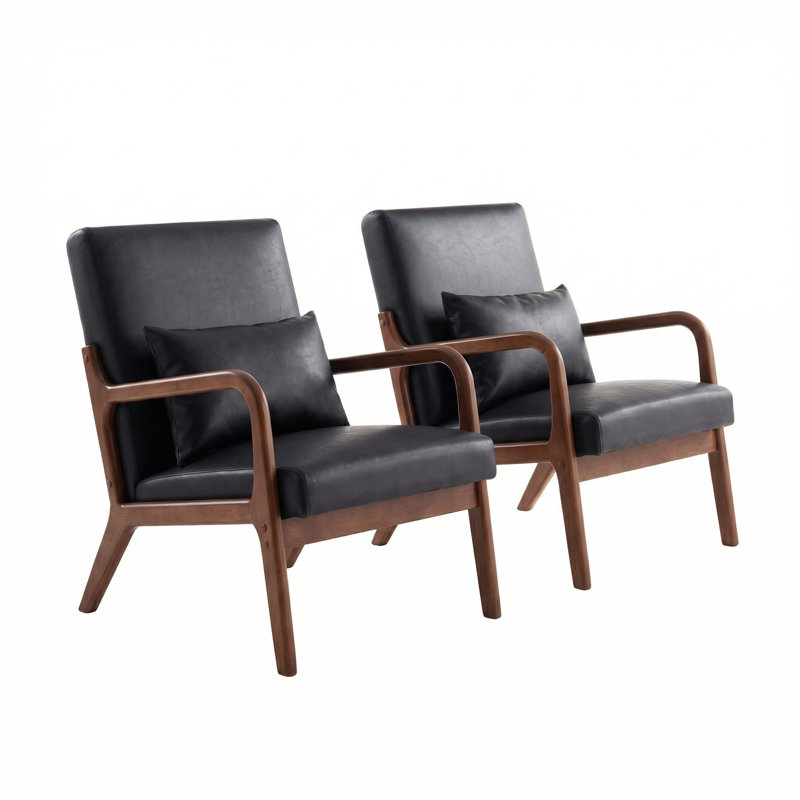 PU Leather Armchair With Solid Wood Legs And A Cushion（Set Of 2）, Black