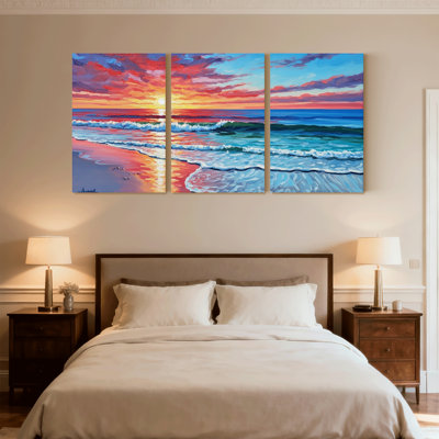 Nautique et plage, coucher de soleil, océan, vagues, plage, ciel, réflexion, ensemble de 3 reproductions d'art sur toile