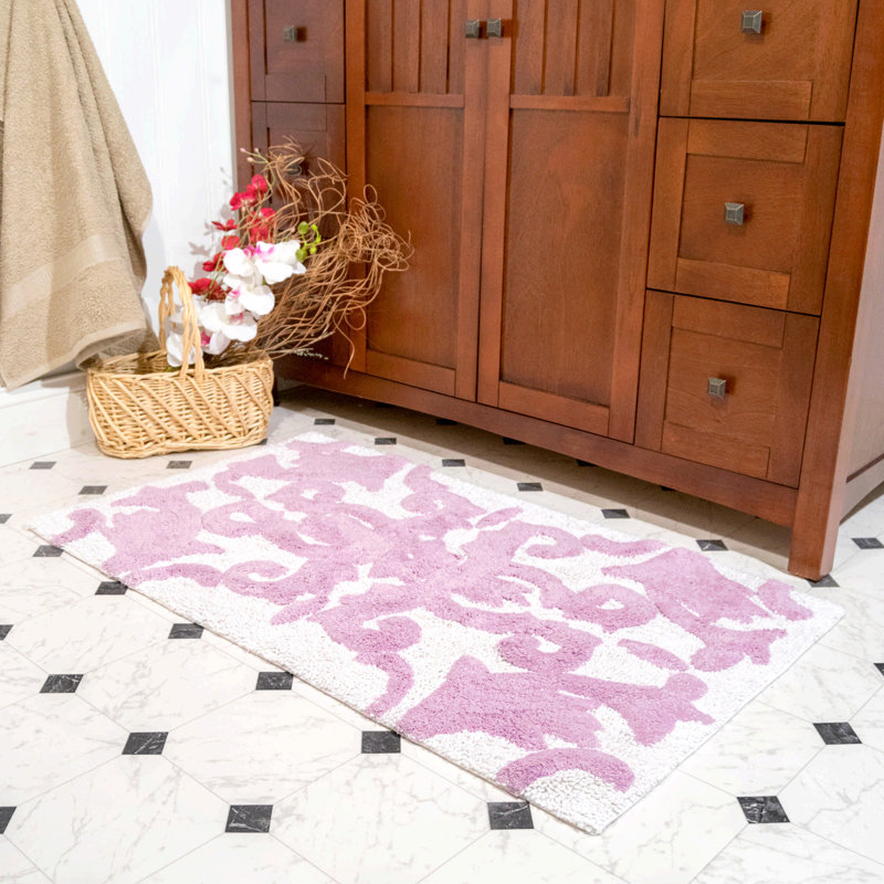 Elar Turkish Cotton Non-Slip Bath Rug, White / Lilac
