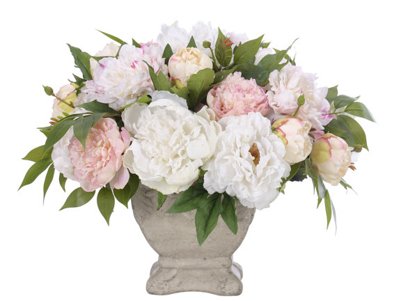 Peony, White Pink, Pottery Square Planter, 20wx18dx15h