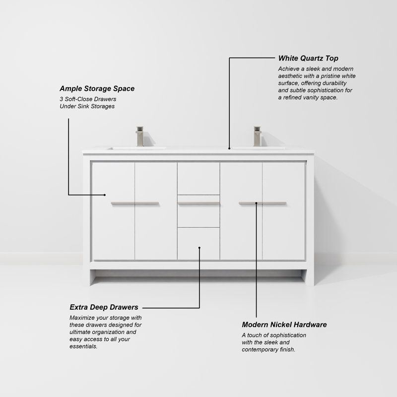 Lafarre 60 in W x 20 in D Double Bath Vanity and Top, White, White Quartz