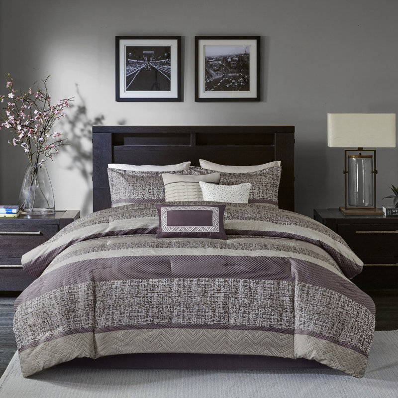 Édredon bleu marine très grand - 7 pièces avec microfibre douce et coussins plissés, Purple