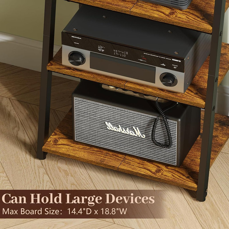 4-tier Av Media Stand With Power Strips & Led Lights, Heavy-duty Wooden Stereo Cabinet With Hooks, Record Player & Device Stand