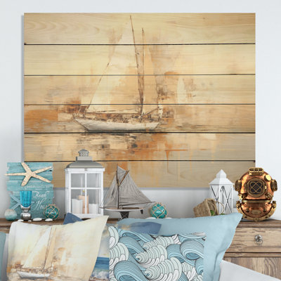 Bateau à voile sur la mer I - art en bois sur bois de pin naturel