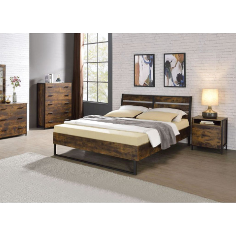Très grand lit rustique en chêne rustique et noir - panneau de style industriel moderne avec placage en métal et en bois composite sans sommier tapissier