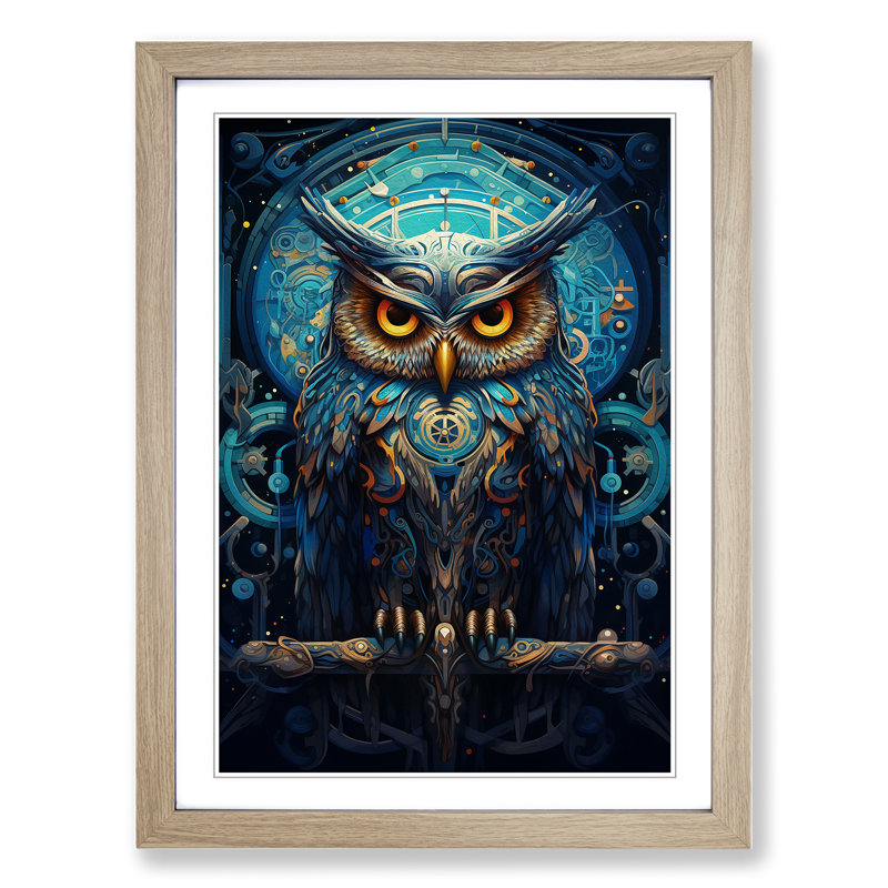 Owl Futurism No.2 - Single Picture Frame Print on Wood, 34cm H x 25cm W x 2cm D, Oak