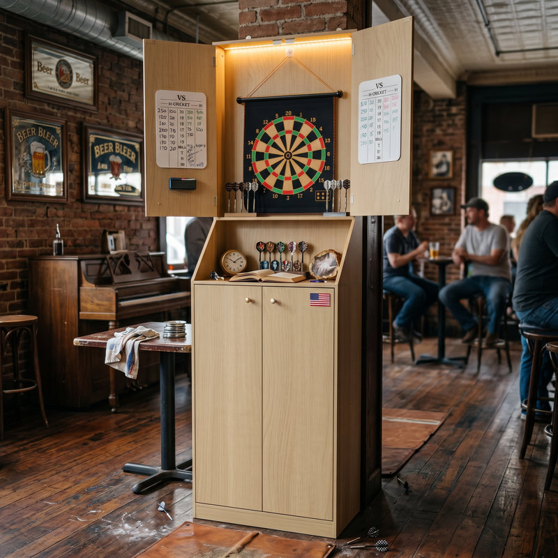 Armoire de jeu de fléchettes de 75 po de hauteur avec éclairage à DEL, tableaux de pointage intégrés, rangement pour jeux cachés et portes de protection en bois