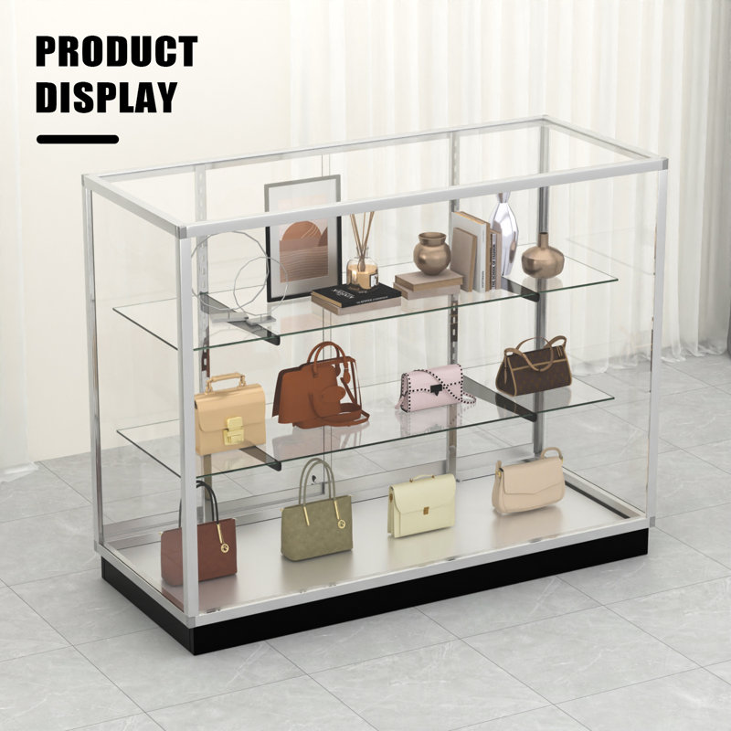 48”D * 20”W * 38”H - Retail Full Vision Showcase - Glass Display Case With Silvery Aluminum Frame And Led Lights