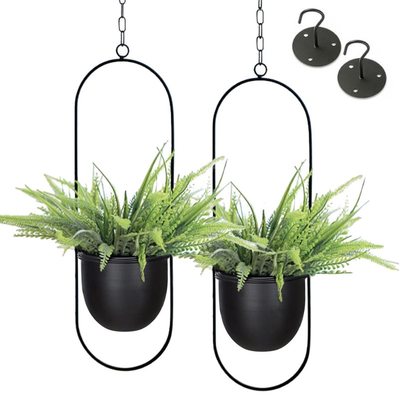 Paquet de 2 jardinières suspendues pour plantes d'intérieur avec pot de 5,5 po et crochet de plafond | Pot à fleurs noir suspendu, support à plante en métal, sans plante incluse