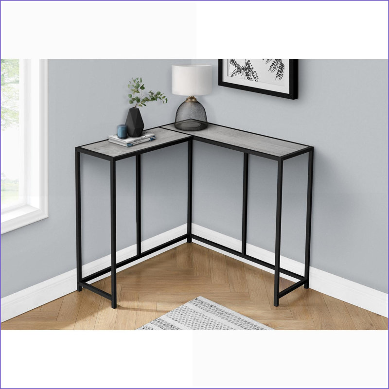 Space-Saving Grey Laminate Corner Coffee Table, Modern Black Metal Frame for Living Room, Gray