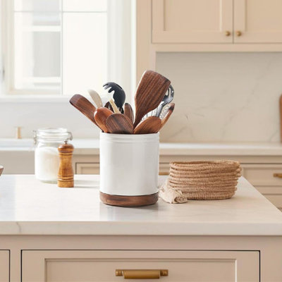Extra Large Utensil Holder For Countertop,360 Degrees Rotating,Glaze With Specks,White And Brown