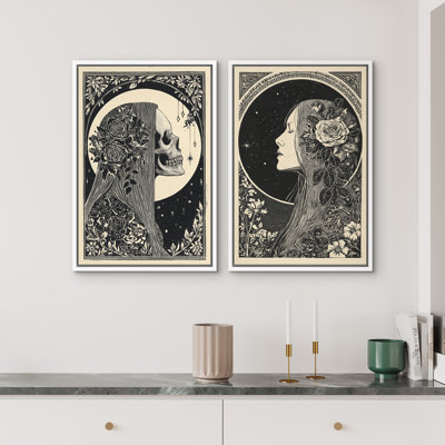 «Gothic Woman Skull Floral Moon», ensemble de 2 reproductions d'art sur toile encadrées