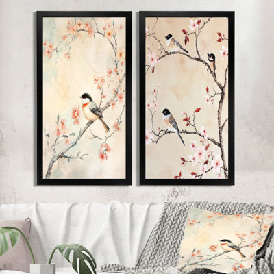 Toile florale asiatique, art mural chinois, 2 oiseaux chinois et fleurs