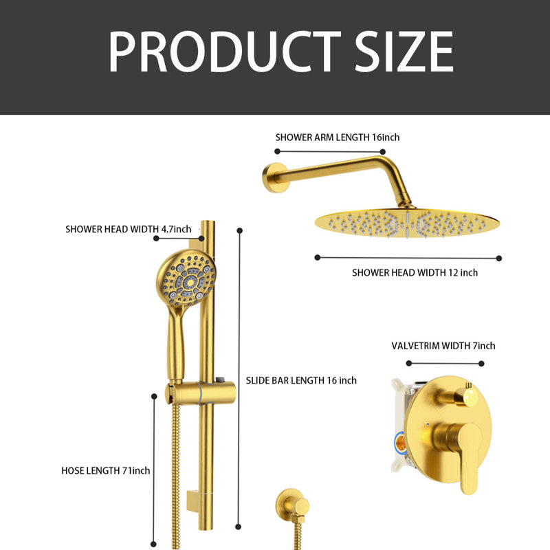 12 Inch Rain Shower Head And Handheld 6-Spray Combo Set With Slide Bar, Brushed Gold