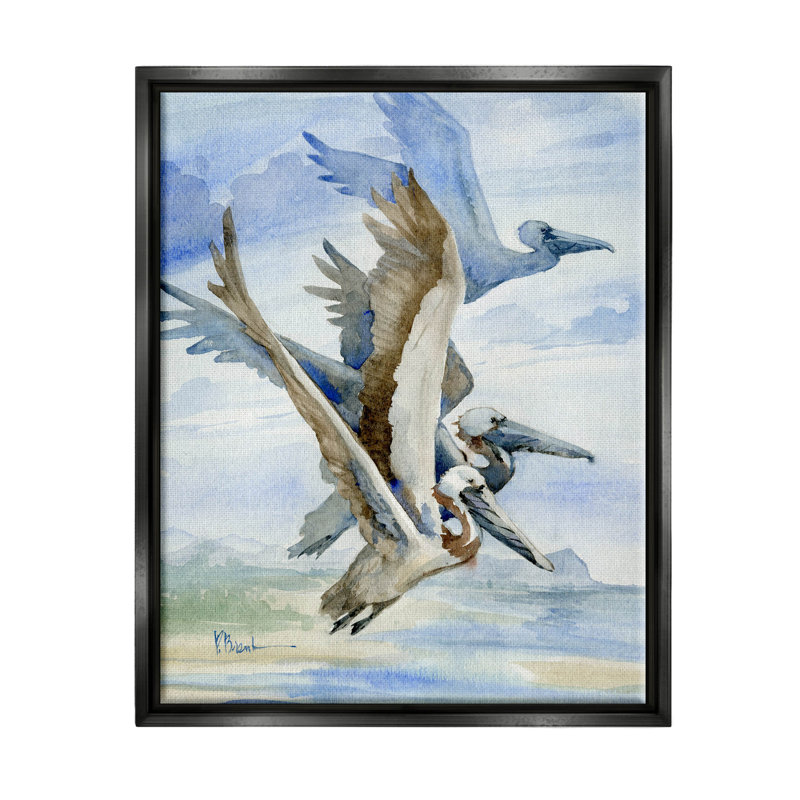 Pelicans Aloft Bird Flight Trio - peinture sur toile à cadre flottant, H 21 po x l 17 po x P 1,7 po
