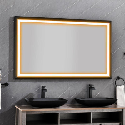 Miroir de salle de bain 84 po x 48 po à DEL avec cadre en aluminium, miroir de meuble-lavabo mural, anti-buée, mémoire, 3 couleurs, réglable en continu