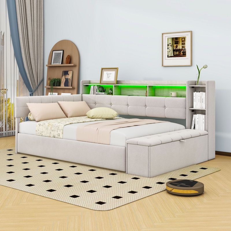 Upholstered Daybed with Twin Trundle, Multi-Functional Storage, USB Ports, and LED Lighting, Beige, Full