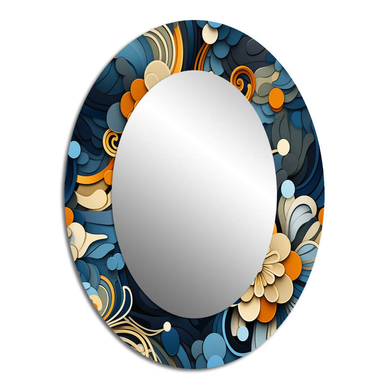 Roopal Orange And Blue Graceful Floral Essence Of Zen - Abstract Large Mirror, Orange Decorative Wall Mirror, Printed Metal Art