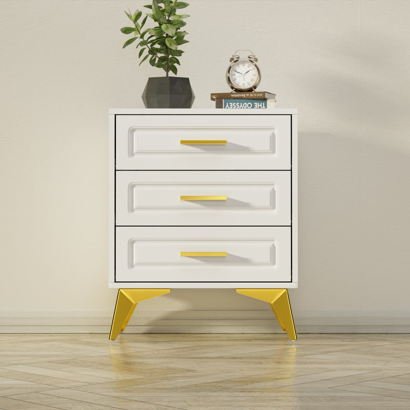 Kaysa 3-Drawer White Nighstands with Gold Handles Modern Bedside Table Sofa Side Table