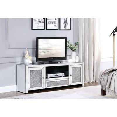 Meuble télé argenté à miroir avec faux diamants, compartiment média ouvert, tiroir simple et 2 portes, idéal pour téléviseur à écran plat de 50 po, plancher de 2 po, côté métallique coulissant, façade française, noir complet